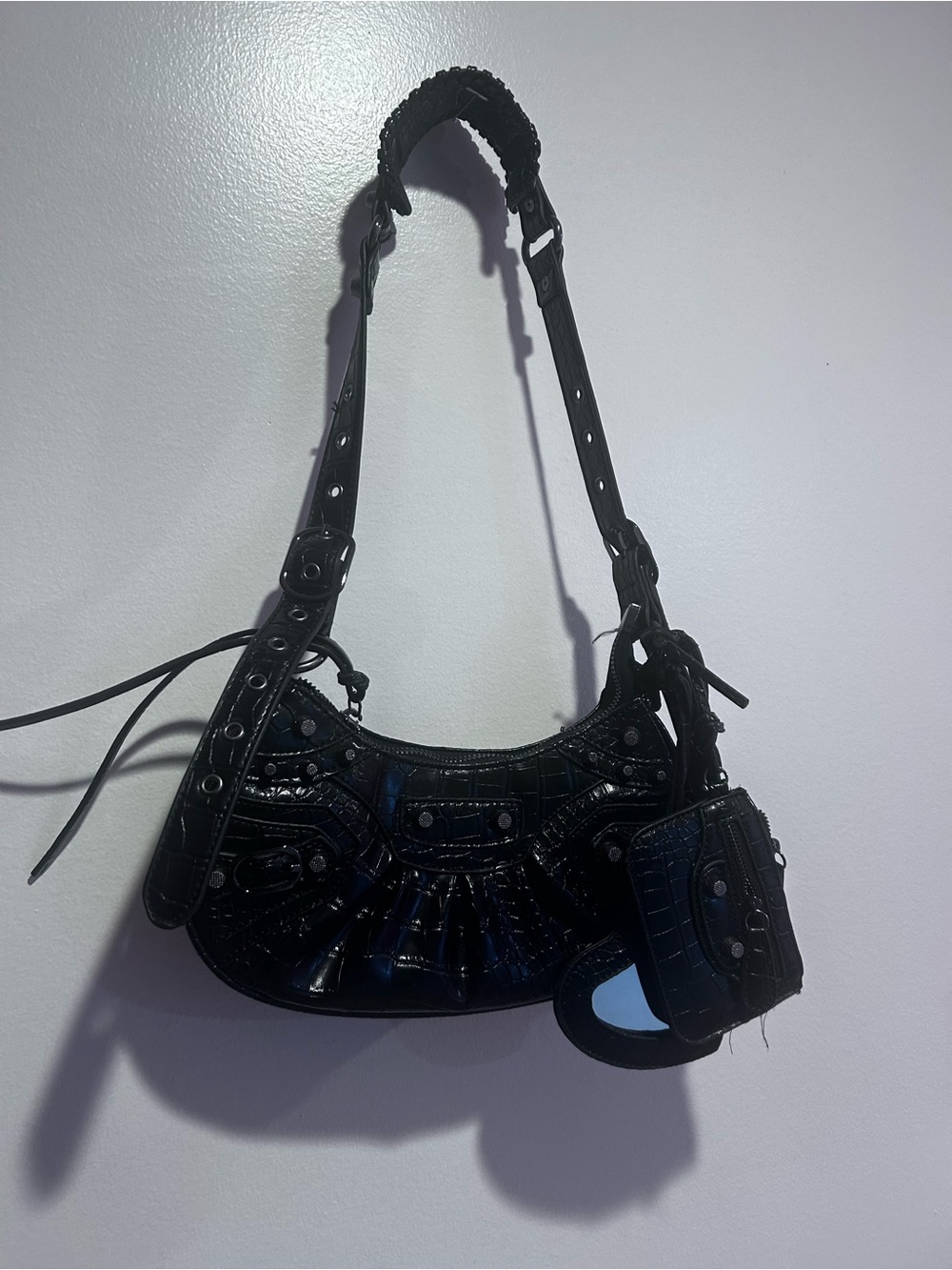 Black Croc-Texture Shoulder Bag with Detachable Pouch